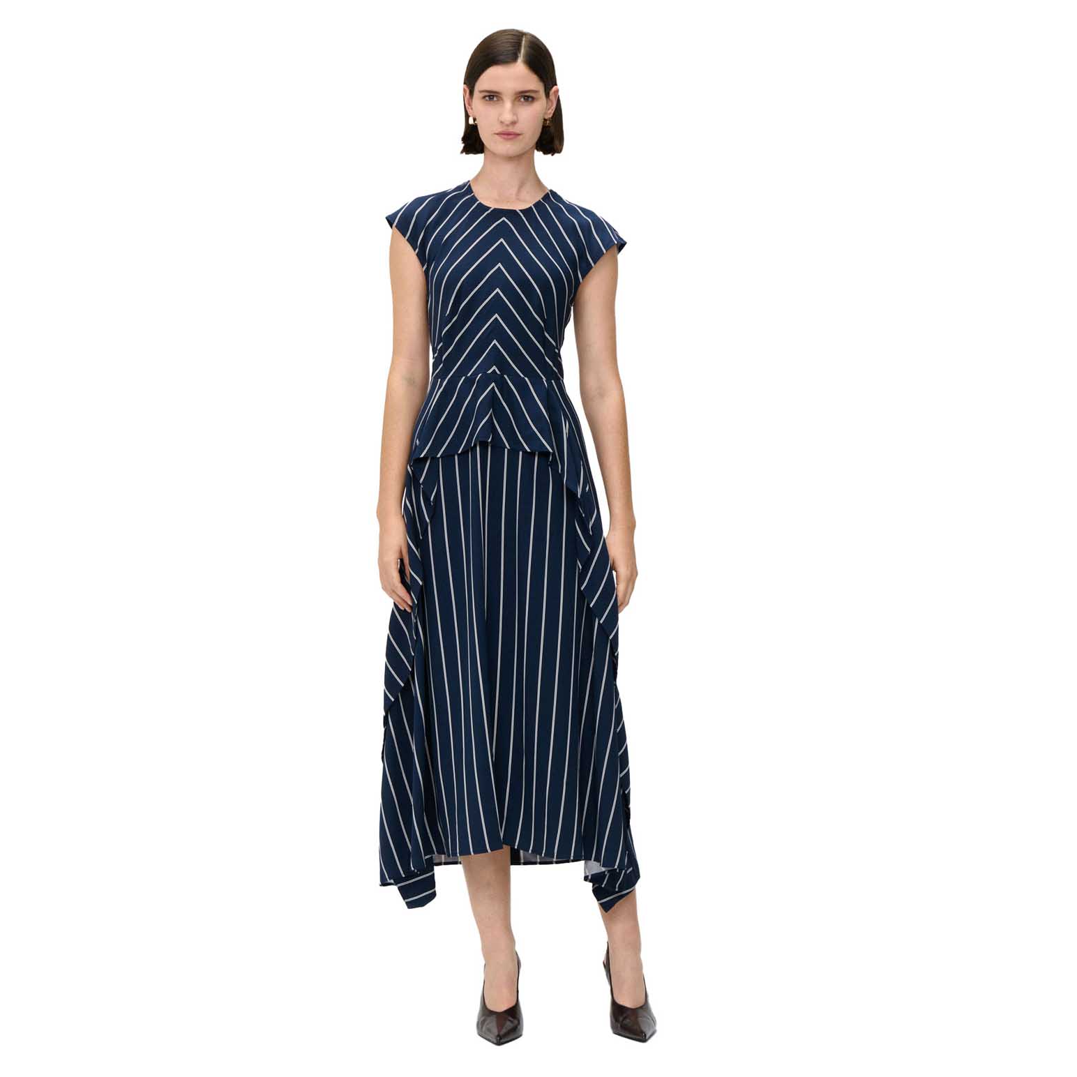 Veronika Maine Navy Pinstripe Flounce Dress